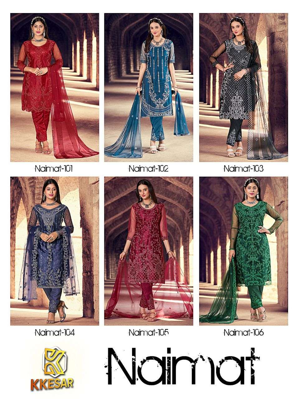 NAIMAT BY NAIMAT FASHION 101 TO 106 SERIES BEAUTIFUL PAKISTANI SUITS STYLISH COLORFUL FANCY CASUAL WEAR & ETHNIC WEAR NET EMBROIDERED DRESSES AT WHOLESALE PRICE